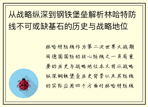 从战略纵深到钢铁堡垒解析林哈特防线不可或缺基石的历史与战略地位